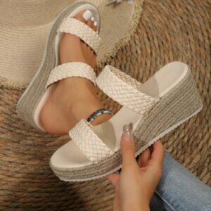 Women’s Woven Strap Slip-On Platform Sandals, Size 8 (EU 39), Cream Colored